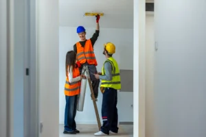 Stavební pracovníci kontrolujú rovinu steny pomocou vodováhy pri rekonštrukcii bytu.